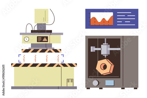 Product design, engineering, manufacturing systems, industrial automation, technology, data analysis. A 3D printer and equipment with a monitoring display. Product design and engineering technology