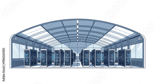 Modern data center with rows of server racks under a futuristic arched ceiling, digital technology concept
