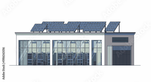 Modern building with solar panels on the roof, clean energy and sustainable architecture concept