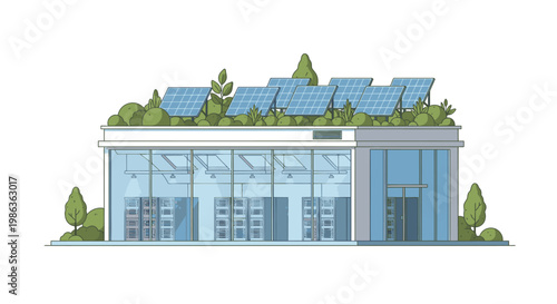 Modern eco-friendly building with green roof and solar panels, representing sustainability and renewable energy.