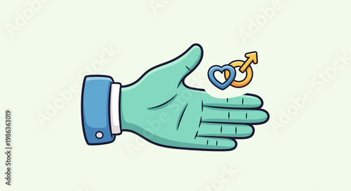 Cartoon Hand Holding Intertwined Male and Female Gender Symbols on Light Green Background