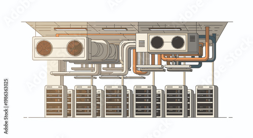 Industrial cooling system with large fans, pipes, and server racks, conceptual illustration
