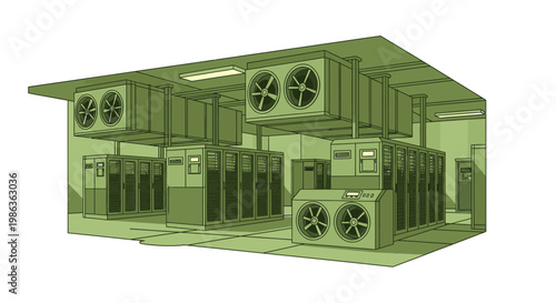 Modern server room with cooling systems, data center technology, and network hardware in a clean, organized environment.