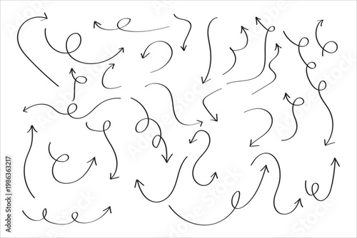 Hand drawn curly arrows set, sketch direction navigation elements
