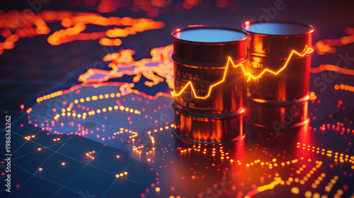 global energy shortage crisis concept picture of oil barrels and pumpjacks with financial chart at sunset over industrial refinery.	
