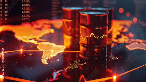 global energy shortage crisis concept picture of oil barrels and pumpjacks with financial chart at sunset over industrial refinery.	