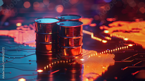 global energy shortage crisis concept picture of oil barrels and pumpjacks with financial chart at sunset over industrial refinery.	