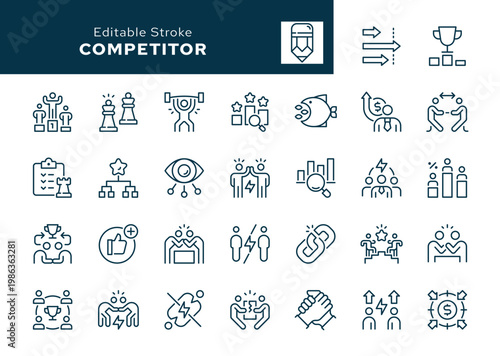 Competitor. Set of outline icons. Competition, opponent, market leader, strength, advantage, tournament, challenger, tug-of-war and more. Line icon in linear style. Vector collection	