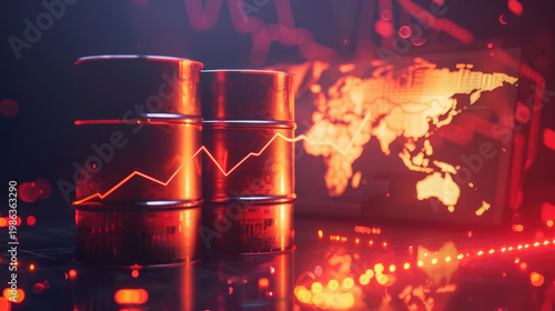 global energy shortage crisis concept picture of oil barrels and pumpjacks with financial chart at sunset over industrial refinery.	