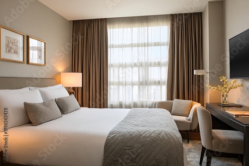 Luxurious hotel bedroom with a large bed, curtains, and desk