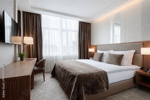 Luxurious hotel bedroom with a large bed, desk, and window