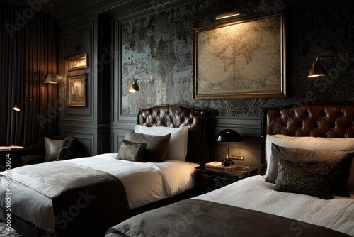 Luxurious hotel room with two beds, vintage map & elegant decor