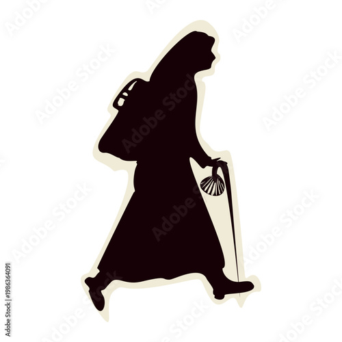 Simple nun pilgrim walking with staff and scallop shell on pilgrimage. Religious figure for christianity symbol.