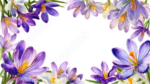 rectangular frame of crocus primroses on a white background, watercolor