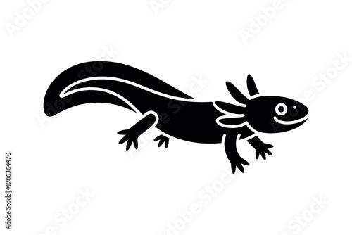 Black axolotl silhouette shows its frilly gills and long tail.