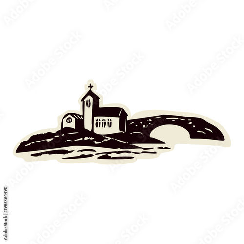 Little church sanctuary symbol for pilgrimage travel destination. Simple christianity motif, hand drawn for monastery, chapel or cathedral clip art