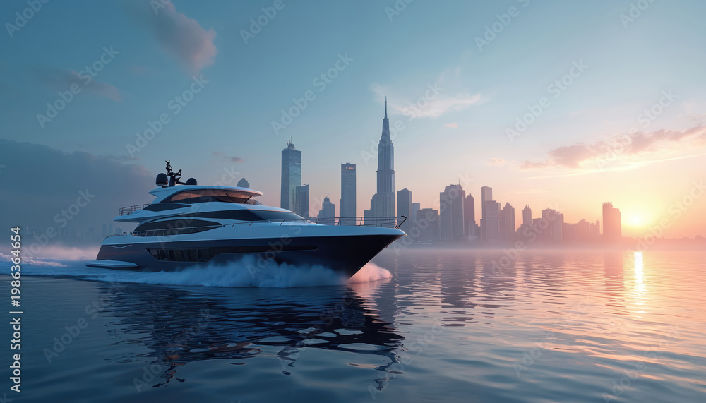 Obraz premium Luxury yacht glides through calm water past modern city skyline at dawn. Tall skyscrapers reflect in the shimmering ocean. Peaceful boat journey at sunrise.