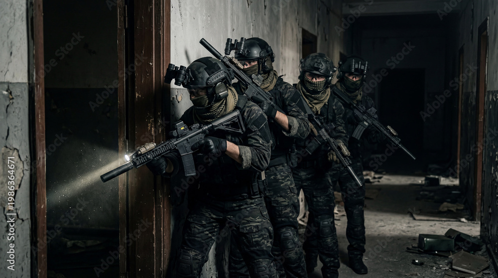 Fototapeta premium Special Forces Clearing Rooms In Urban Combat Zone