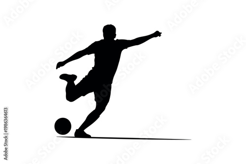 Soccer player silhouette strikes the ball with power and precision.