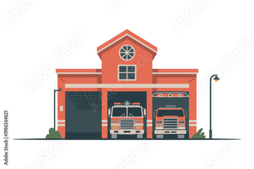 Fire station building houses emergency vehicles for public safety.