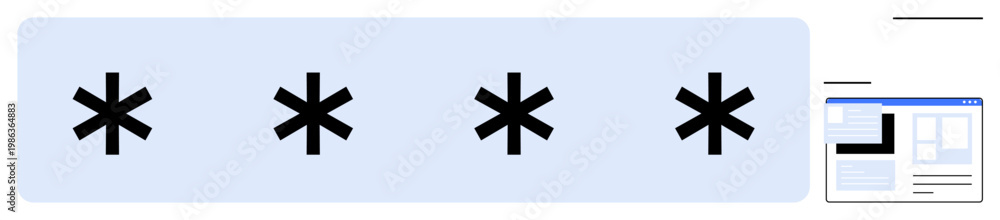 Obraz premium Cybersecurity, online privacy, data protection, authentication processes, identity management, password input. Four black asterisks on a blue background with a partial UI screen. Cybersecurity