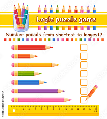 Measuring color pencil length, compare short, long size with ruler. Children education puzzle game. Number coloring drawing pen from shortest to longest. Kid math learning activity worksheet. Vector