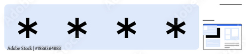 Cybersecurity, online privacy, data protection, authentication processes, identity management, password input. Four black asterisks on a blue background with a partial UI screen. Cybersecurity