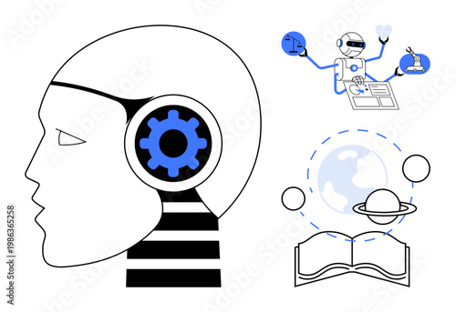Artificial intelligence, robotics, education, science exploration, innovation, future technology. A human profile with gear, robotic activities universe and book. Artificial intelligence