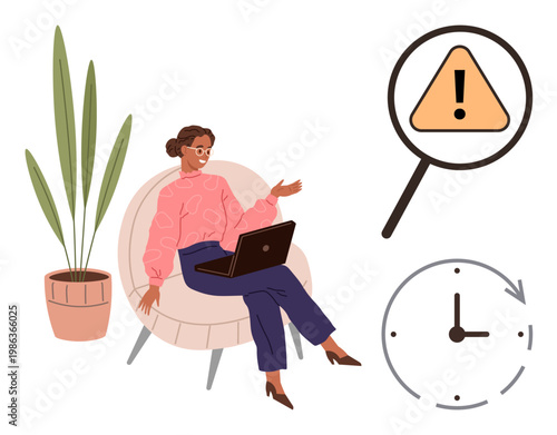 Time management, task prioritization, productivity, workplace efficiency, deadlines, digital tools. Woman sitting with a laptop. Time management and task prioritization concept