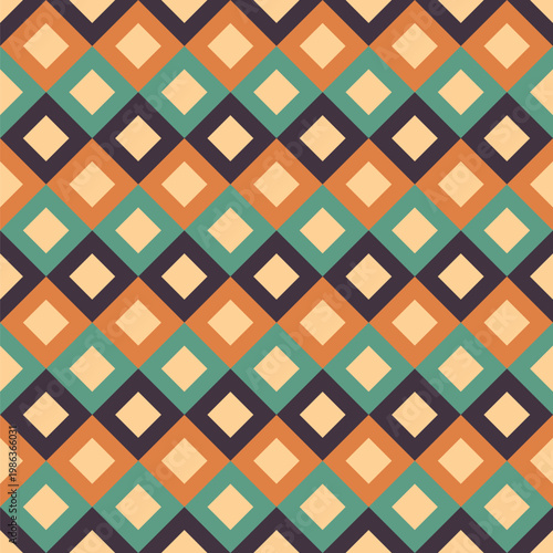 Seamless pattern created from rows of small cream diamonds in dark purple, green and gold diamonds