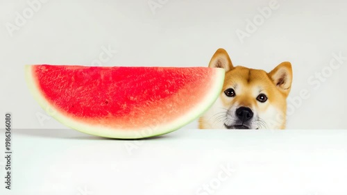Cute Dog Peeking Over Watermelon on Clean Studio Background Photorealistic minimal composition, Shiba Inu positioned centered behind a large watermelon wedge on white