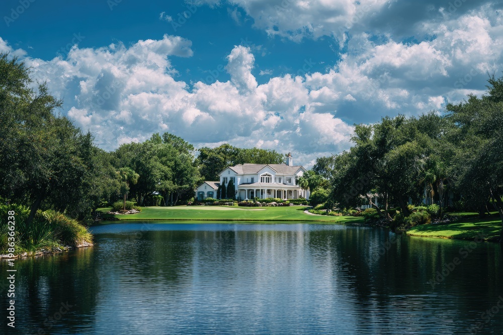 Fototapeta premium Luxurious mansion by a tranquil lake, under a vibrant blue sky with fluffy clouds