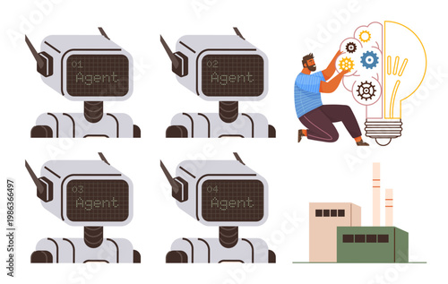 Artificial intelligence, innovation, automation, robotics, industry, teamwork. Group of AI robots alongside man adjusting mechanisms of a lightbulb. Automation and innovation significance