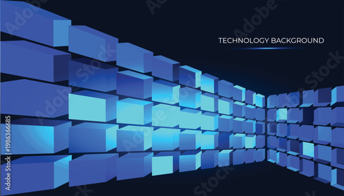Technology Background: An imposing blue wall featuring square-based geometry that simulates big data. Luminous patterns evoke digital data streams, For AI visuals, analytics, and immersive high-tech