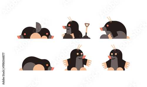 Flat style mole illustration set with cute poses