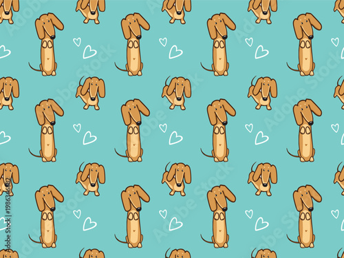 Cute dachshund seamless repeating pattern with hand-drawn hearts on a soft blue background