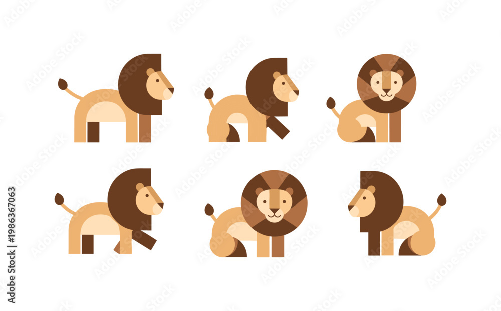 Fototapeta premium Flat geometric lion set: minimalist animal designs for creativity