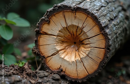 Close-up view of a tree trunk section, showing gnaw marks from a beaver. Wood damage indicates animal activity near water, natural destruction evident in forest setting.