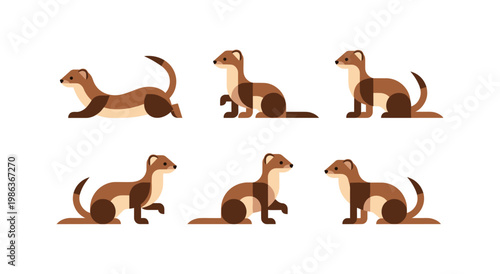 Cute ferret pose collection in minimalist flat design style