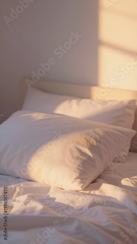 Bed pillows rest on a white sheet at evening time. Soft light comes through a window and creates gentle shadows on the bedding Generative AI