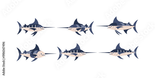 Set of stylized swordfish illustrations with various poses on white background