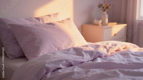 A warm light enters the bedroom through a window. The bed is adorned with pale purple bedding. A small vase sits on the nearby table with flowers Generative AI