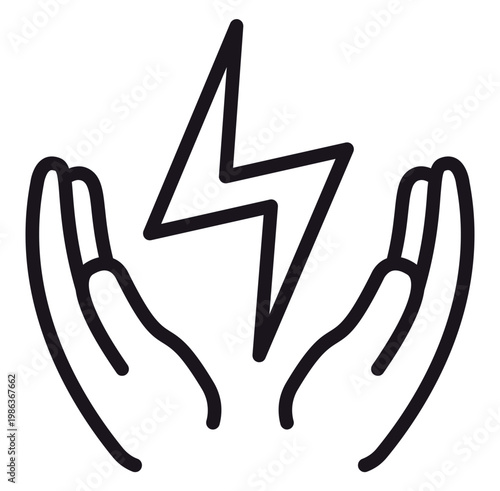 Εκτύπωση καμβά Black line art vector icon illustration of two hands cupping a lightning bolt symbol, representing energy conservation, power management, electrical safety, and sustainable green energy concepts