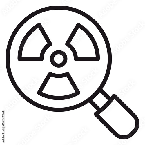 Minimalist black line vector icon illustration of a magnifying glass with a nuclear radiation symbol inside, representing radioactive material detection, hazard search, and safety inspection.