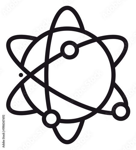 Minimalist black vector icon of an atom or planetary system with central nucleus and orbiting electrons, symbolizing science, physics, research, and technology in a clean line art style.