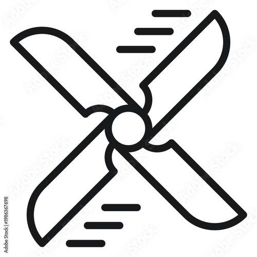 Cuadro en lienzo Black vector icon illustration of a rotating four-blade propeller or fan with motion lines, symbolizing wind energy, cooling ventilation, industrial turbine, or aircraft engine propulsion