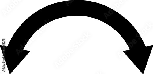 Black Curved double sided arrow pointing downwards on transparent background