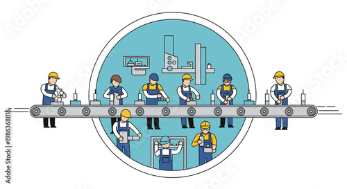 Industrial workers on a production line.