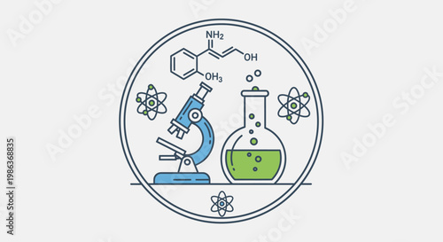 Science laboratory equipment and molecular structures.