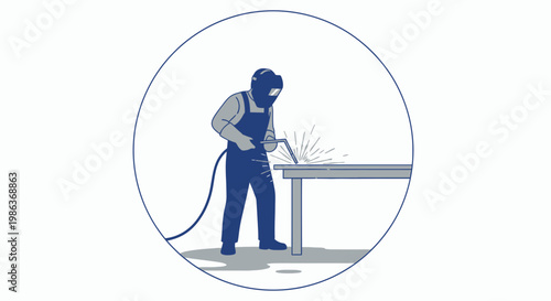 A worker in overalls welding metal.